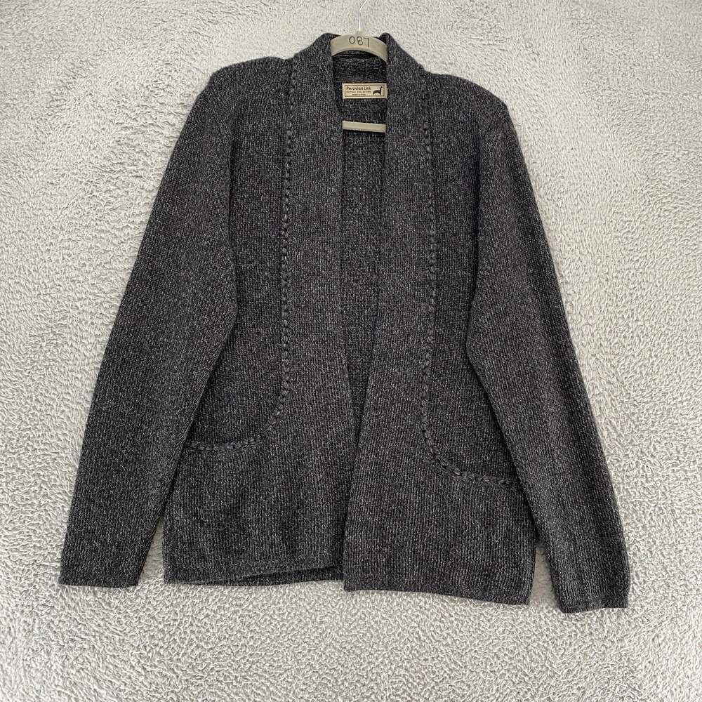 Peruvian Link Sweater Womens XL Gray‎ Alpaca Open Front Cardigan Shoulder Pads
